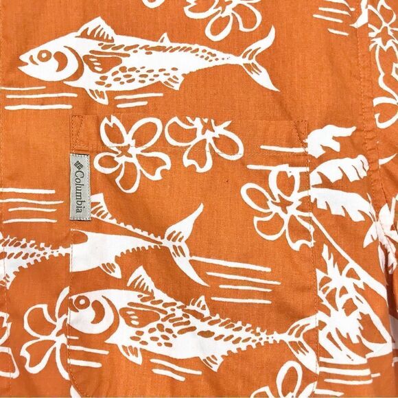 Columbia Orange Tropical Fish Cotton Button Down Short Sleeve Shirt - Picture 12 of 16